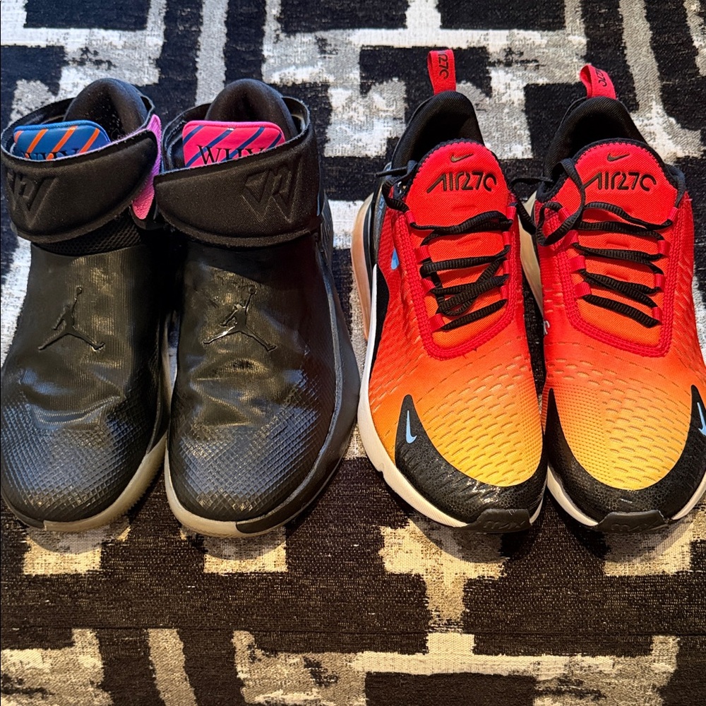 2 pair Nike: 10.5 Black Jordans Why Not zero & AirMax 270 orange/red trainers.